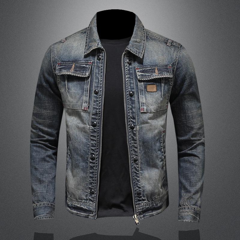 Personalisierte Motorradjacke mit Reißverschluss für Herren, Revers-Jeansjacke XL grau