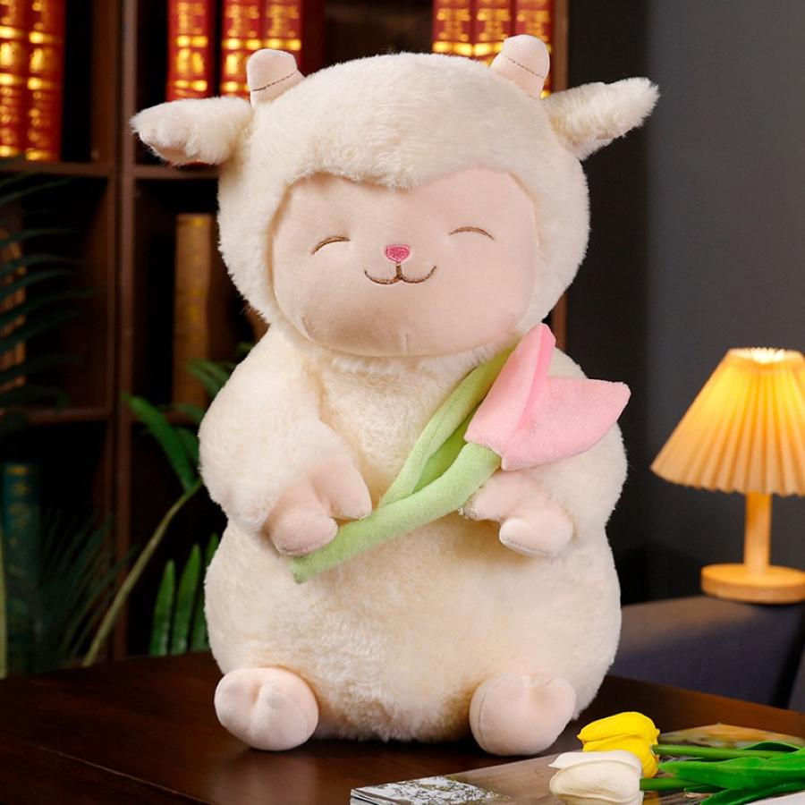 Kawaii Süßes Weißes Schaf Lamm Hält Tulpenblume Plüschpuppe Weiches Stofftier Lamm Mit Tulpe Plüschtier Niedliches Geschenk Für Kindergeburtstag