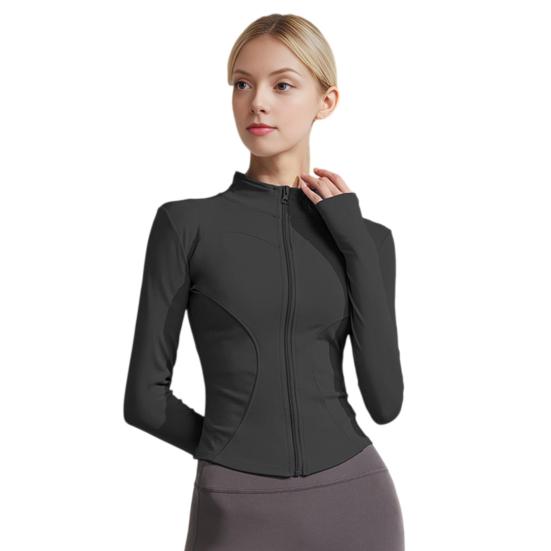 Damen Langarm Trainings Tops Schnelltrocknend Durchgehender Reißverschluss Crop Yoga Sportliche Slim Fit Shirts Yoga Sportbekleidung mit Daumenlöchern zum Laufen Fitnessstudio Aerobic Yoga M
