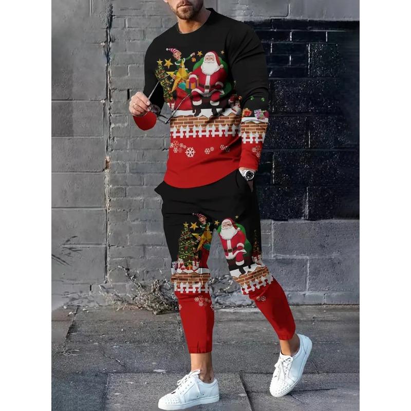Weihnachtsdruck 3D-bedruckter Langarmanzug für Herren, modische Weihnachtskleidung mit Rundhals-Sweatshirt und Jogginganzug mit langer Hose S