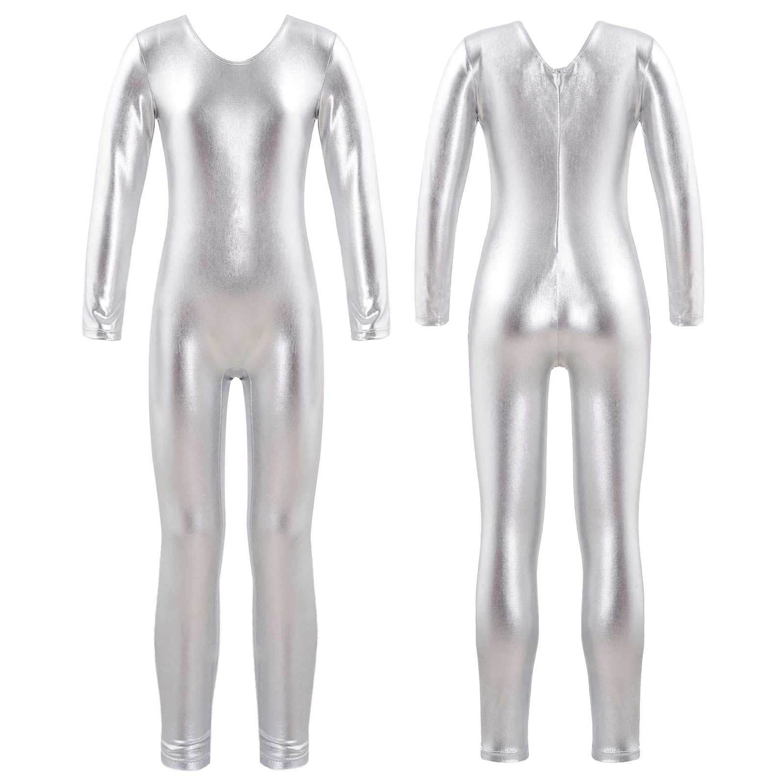 Kinder Ballett Gymnastik Ganzanzug Mädchen Langarm Rundhals Trikot Tanz Catsuit Body Dancewear 3-4 Years silber