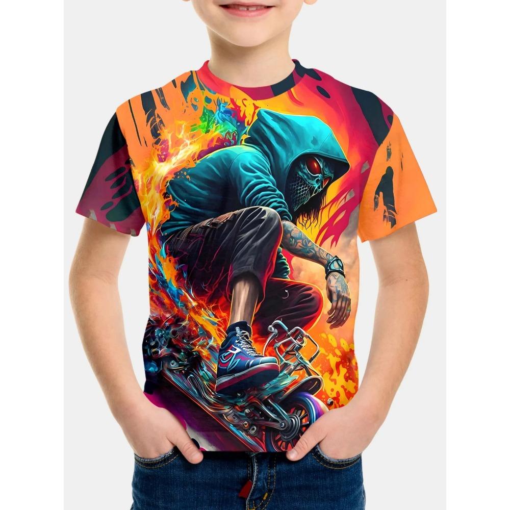 Motorradfahrer Kinder T-Shirt 3D Druck T-Shirt für Jungen Kurzarm T-Shirt Top Kinder T-Shirt Sommer O-Ausschnitt Kinderbekleidung 100 black