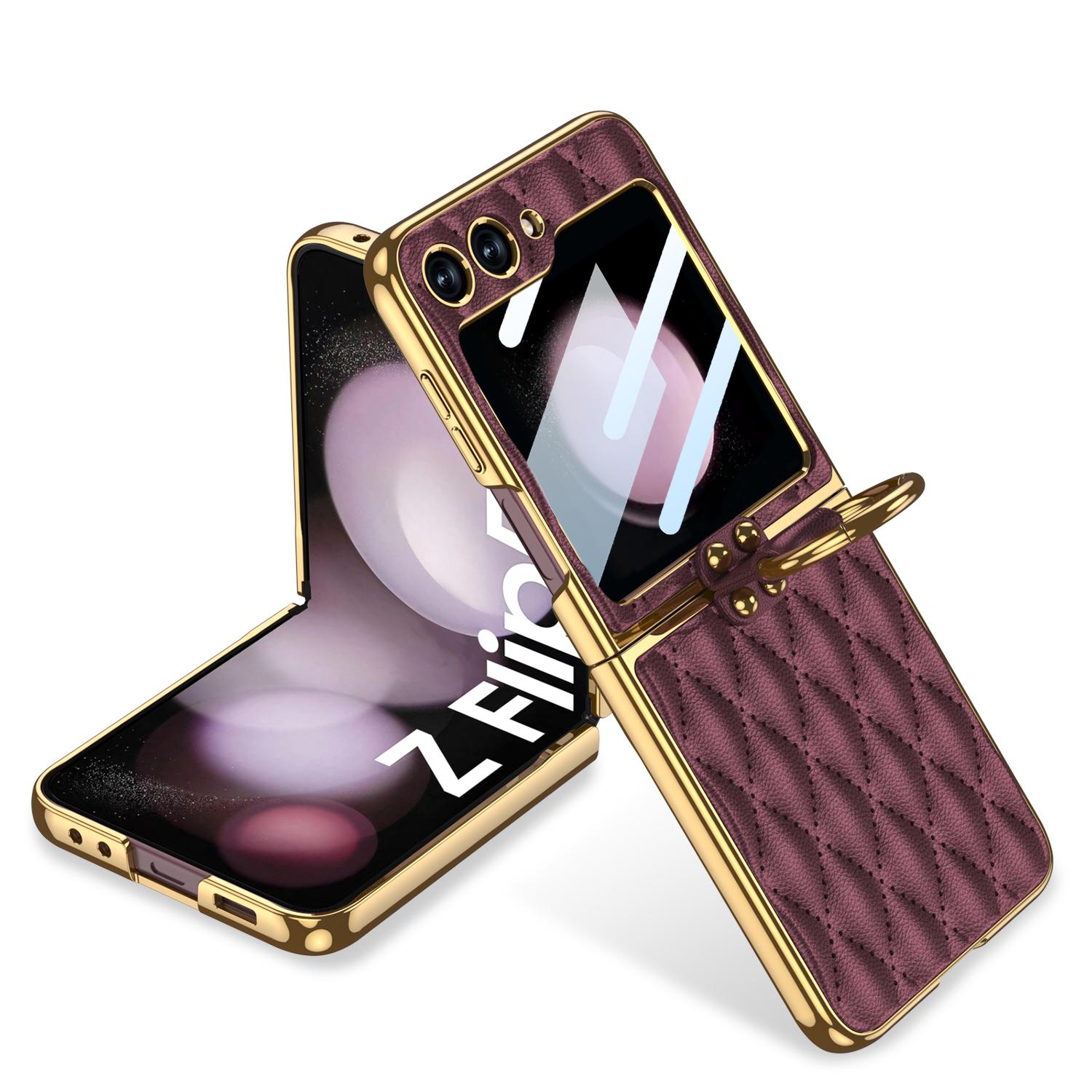 Luxus Leder Plattierung Ringhalter Hülle Für Samsung Galaxy Z Flip 5 5G Rückseite Bildschirm Glas Hartschale Für Galaxy Z Flip5 Hülle Samsung Galaxy Z Flip 5