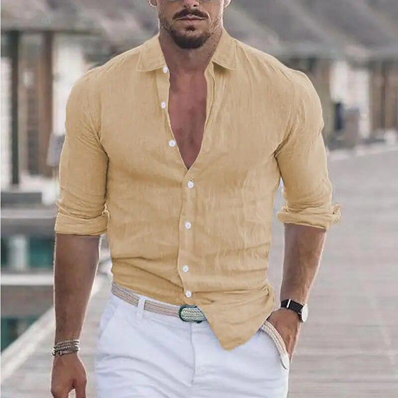 2024 neue männer Hemd Baumwolle leinen Mode Lässig Polo Neck Strand Hemd Langarm Solide Hawaiian Urlaub Shirts EU L