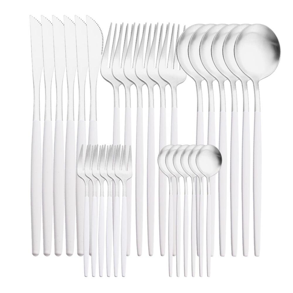 30 Stücke Mattschwarz Silber Geschirr Set Edelstahl Messer Kuchen Gabel Tee Löffel Besteck Besteck Set Küche Geschirr Set weiß/silber