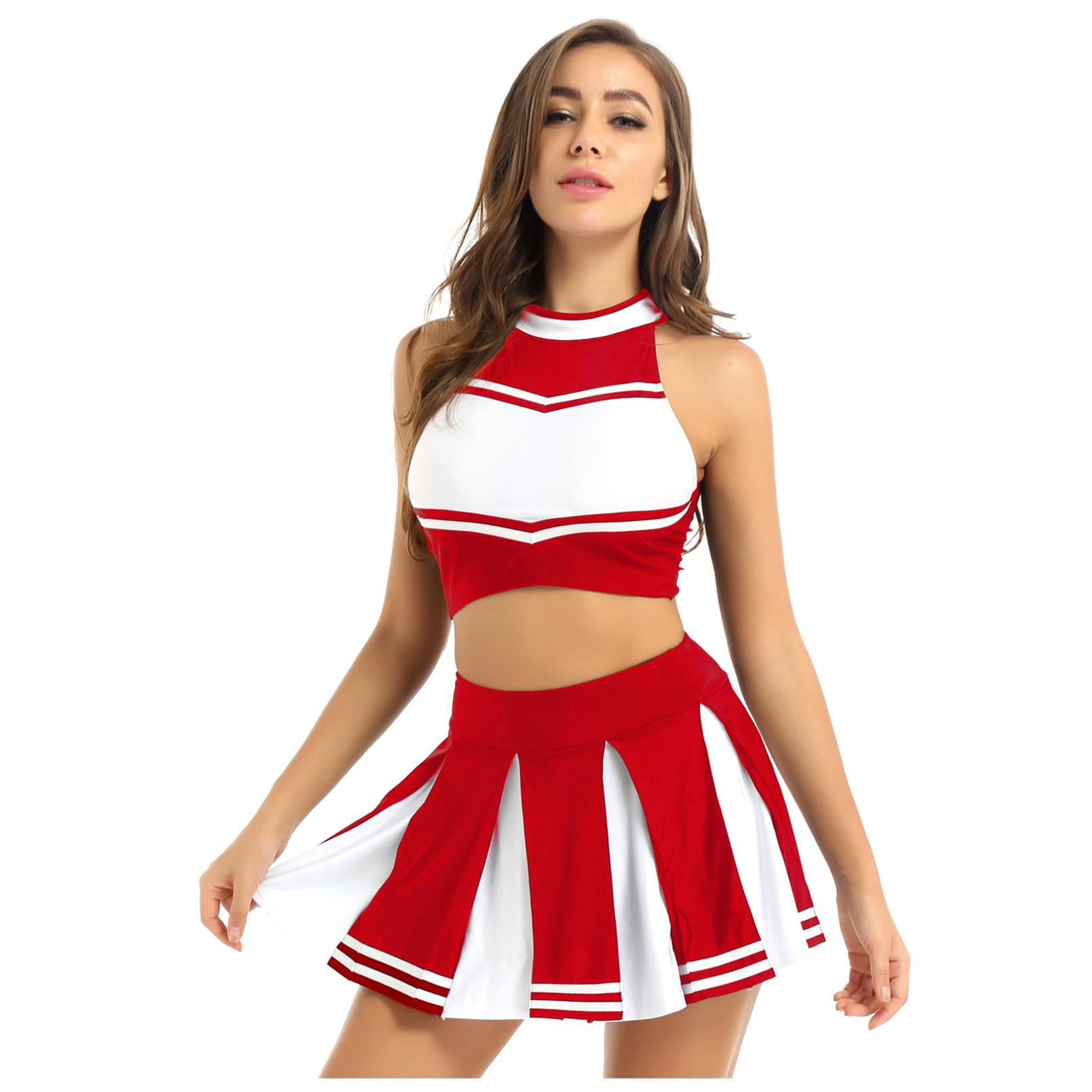 2-teiliges Damen-Cheerleading-Kostüm, Uniform-Outfit, ärmelloses Crop-Top mit Mini-Faltenrock S rot
