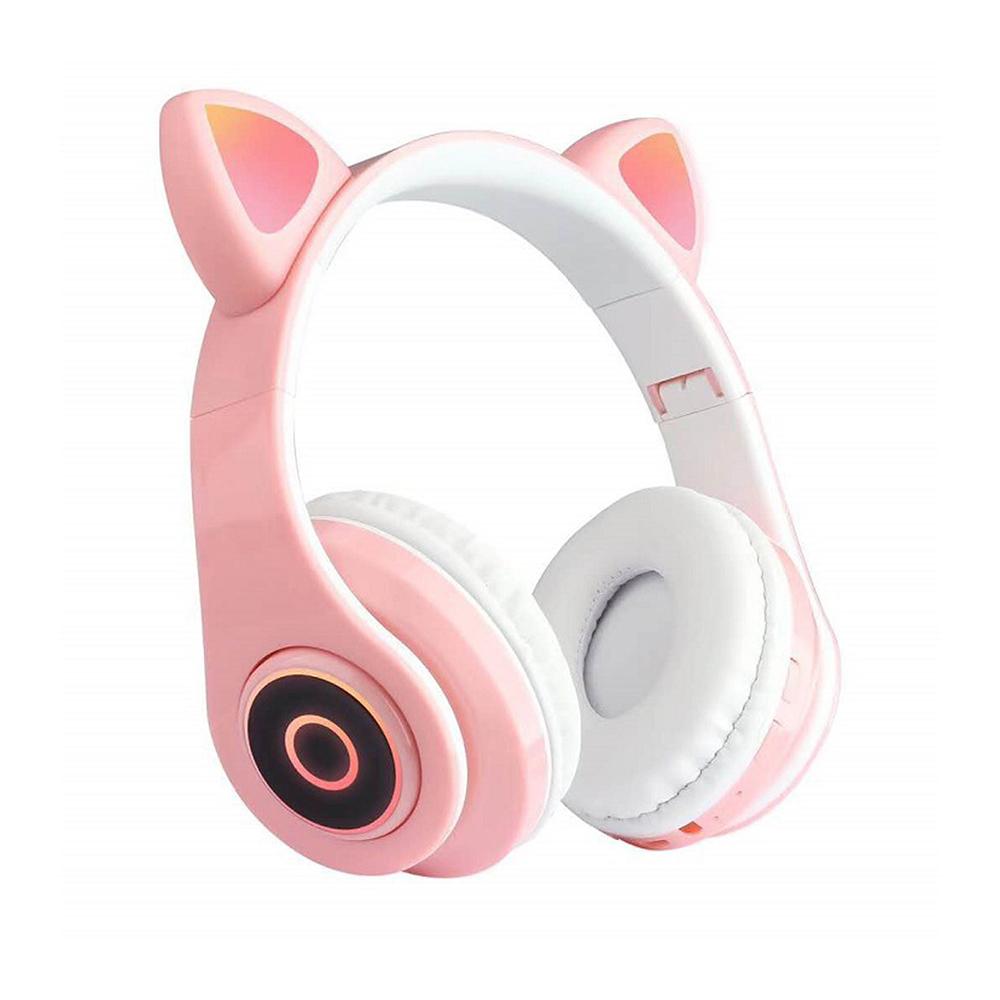 B39 Cute Cat Ear Headset Wireless BT5.0 Faltbarer Gaming-Kopfhörer mit Flash-RGB-Lichtern Kopfhörer TF rosa