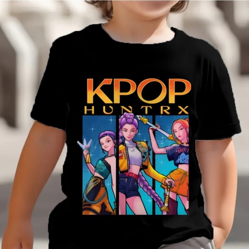 KPop Dämonenjäger Kinder T-Shirt Huntrix Girl Saja Jungen Baby Tops Kleinkind T-Shirts Zoey Rumi Mira Kleidung Kinder T-Shirts Kurzarm Kleidung kids-130(8T) schwarz
