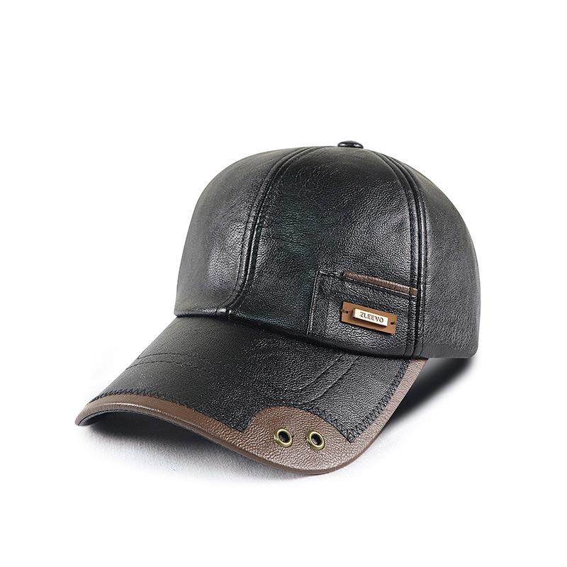 Herbst Winter Leder Baseball Cap Männer Nähte Peak Cap Samt Mittleren Alters Cap schwarz
