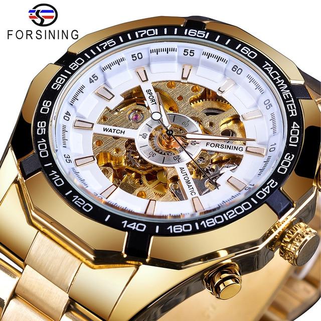 Forsining Edelstahl Wasserdicht Herren Skeleton Uhren Top Marke Luxus Transparente Mechanische Sport Männliche Armbanduhren weiß