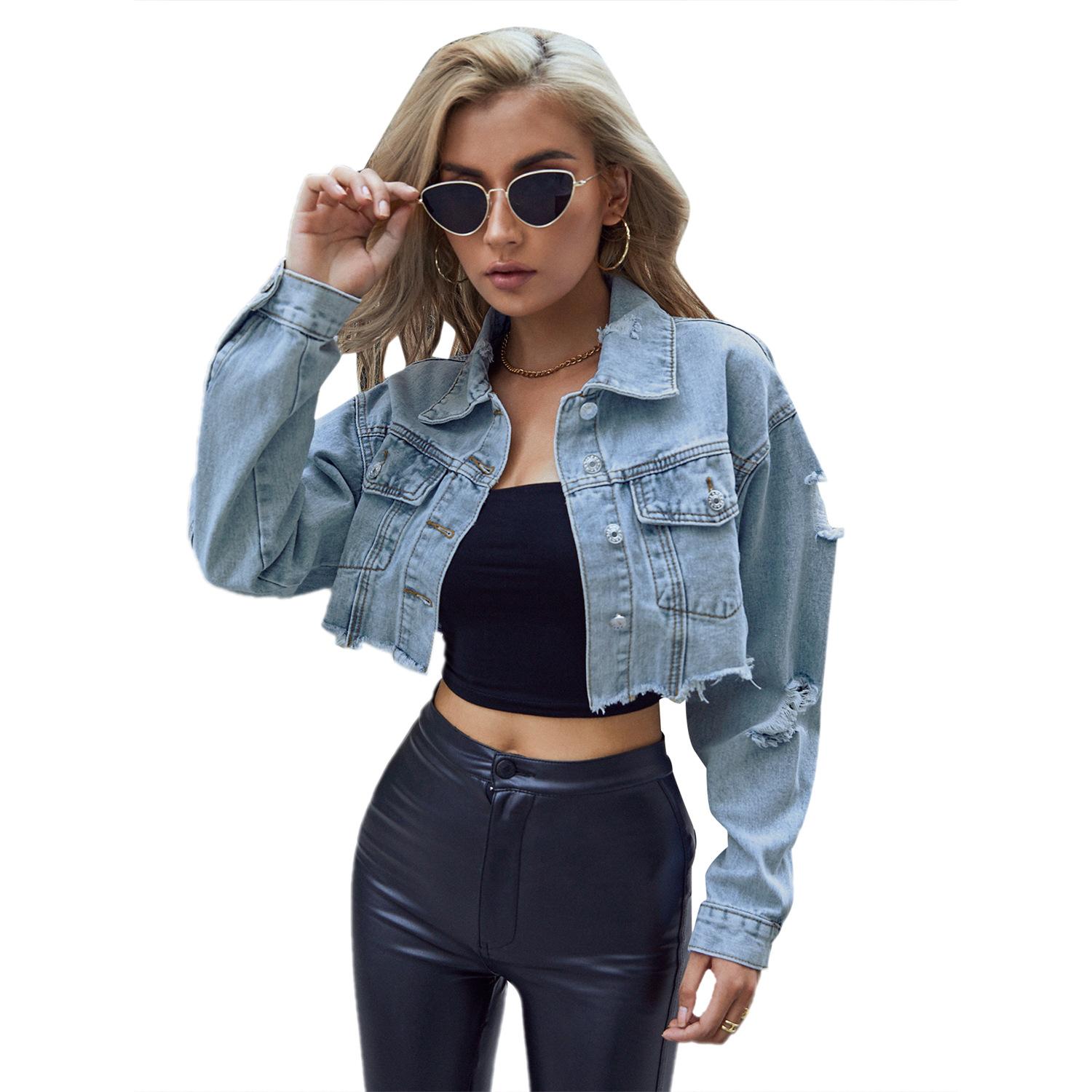 GMXIA Einfarbig Print Langarm POLO-Kragen Damen Freizeit All-Match Kurze Mode Denim Kurze Jacken & Mäntel L blau