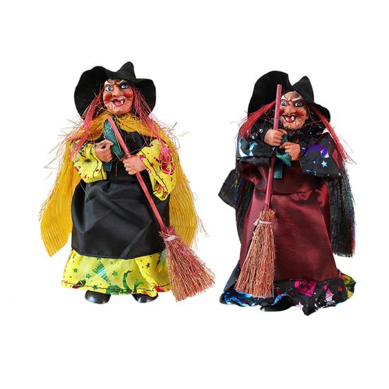 Halloween Hexenpuppe Stehende Hexenfigur mit Besen Desktop Gruselige Hexenfigur für Halloween-Party Kaminsims Esstisch Deko G