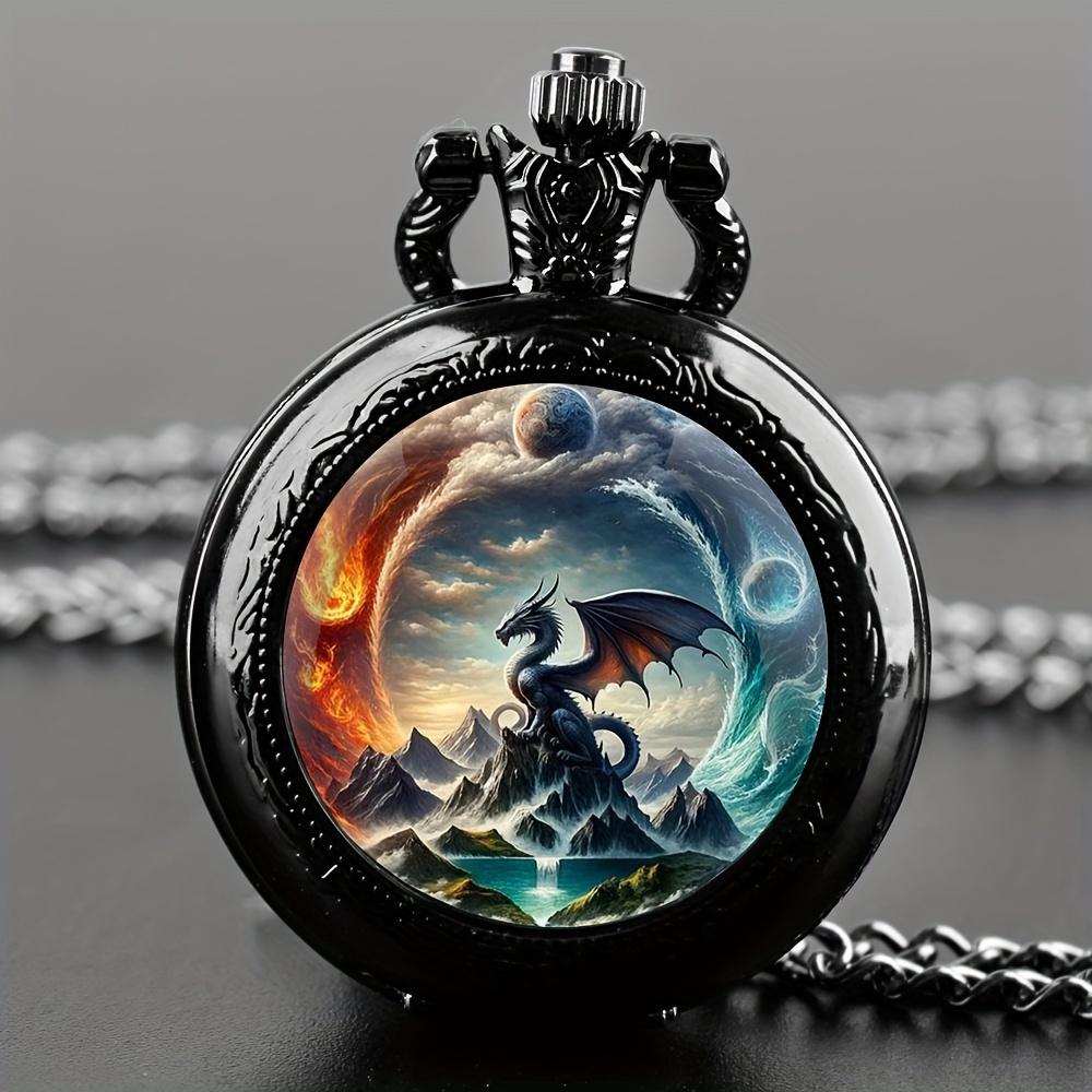 Antike, einzigartige, mehrfarbige Drachen-Taschenuhr mit Anhänger, Quarz-Design, exquisite und stilvolle Uhr für Männer und Kinder schwarz