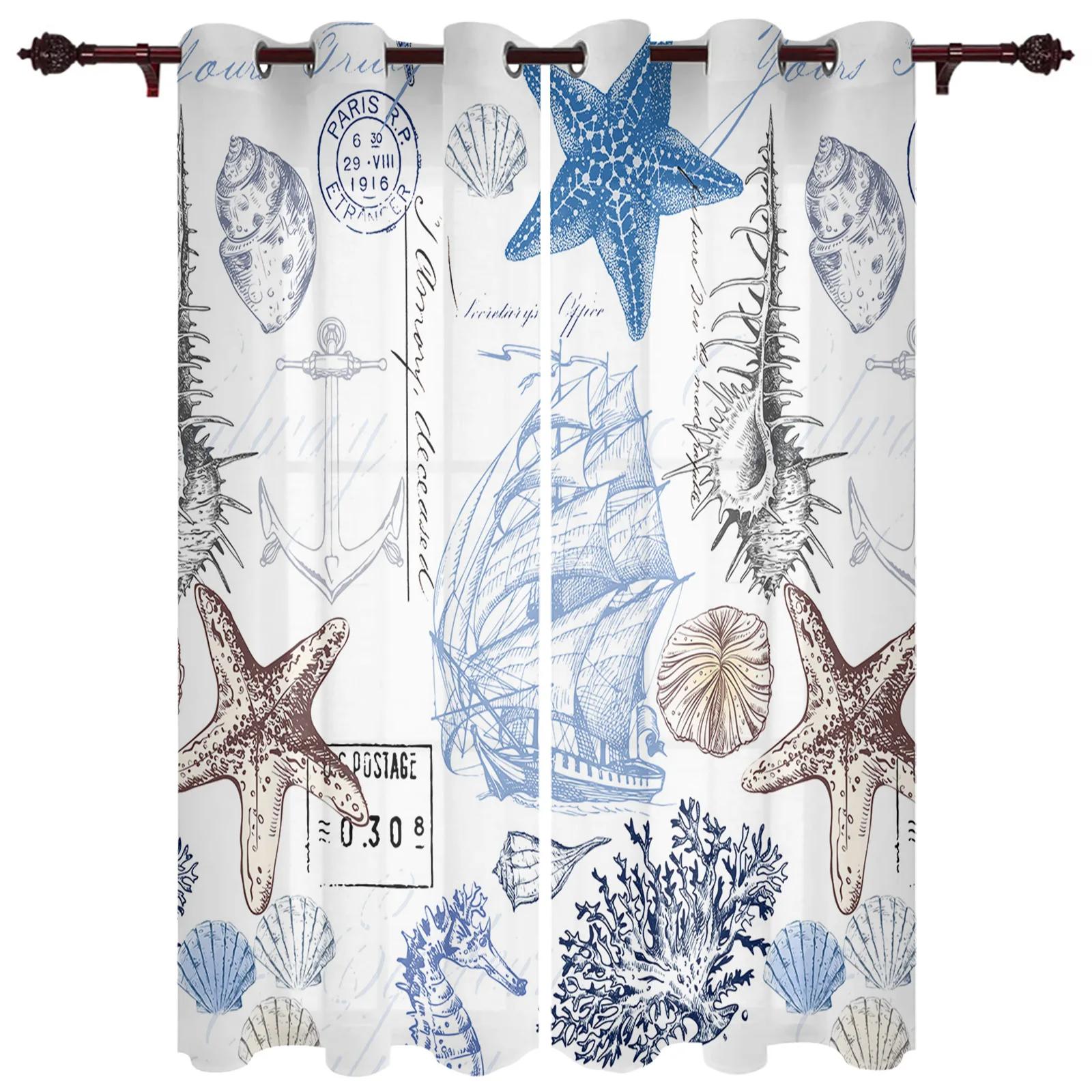 2 Stück Anker Seestern Streifen Fenster Vorhänge Schlafzimmer Küche Vorhänge Panel Home Decor Vorhänge für Wohnzimmer Boden-zu-Decke (W70H245cm)-2pcs&Grommet Top