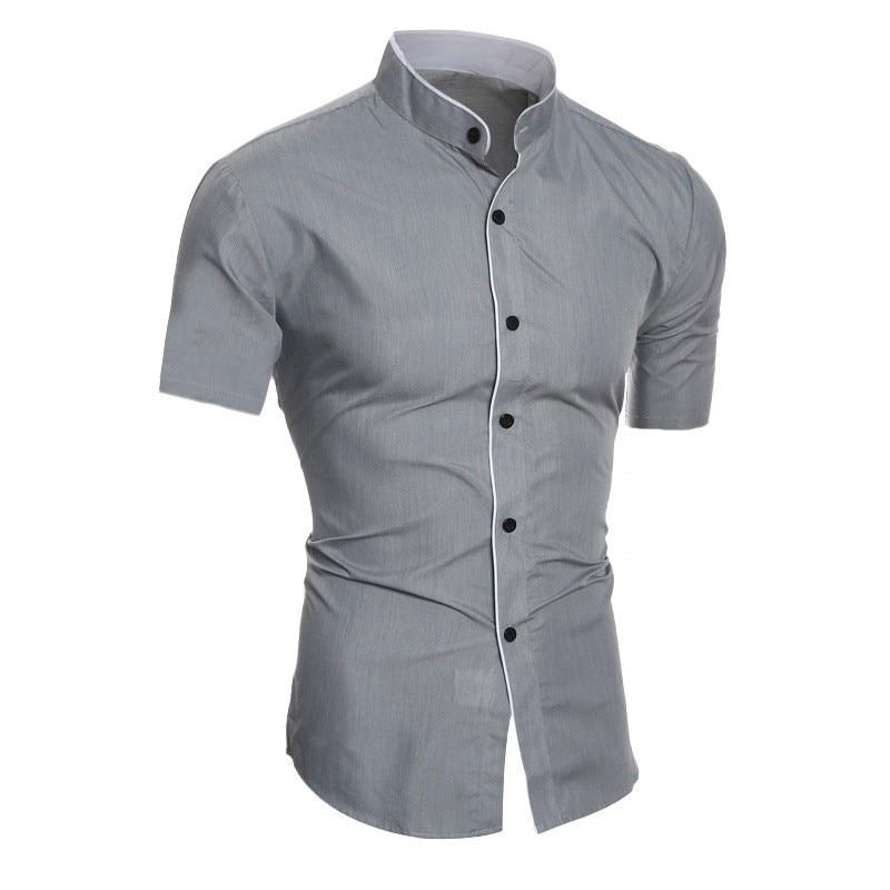 Sommer männer Stehkragen Einfarbig Kurzarm Hemd Lässige Mode Einreiher männer Hemd XL graue