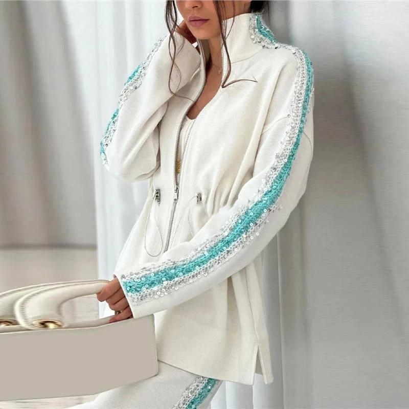Paillettenjacke Hose Damen Outfit Elegant Reißverschlüsse Langarm Mantel Weites Bein Elastische Taille Hose Straße Damen Set 2025 Herbst XXXL weiß