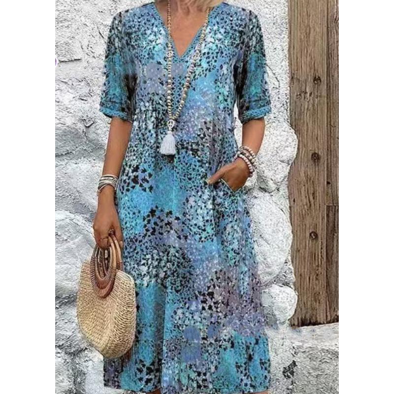 Damenmode Sommer Frühling Kurzarm V-Ausschnitt Freizeitkleider XXXL blau