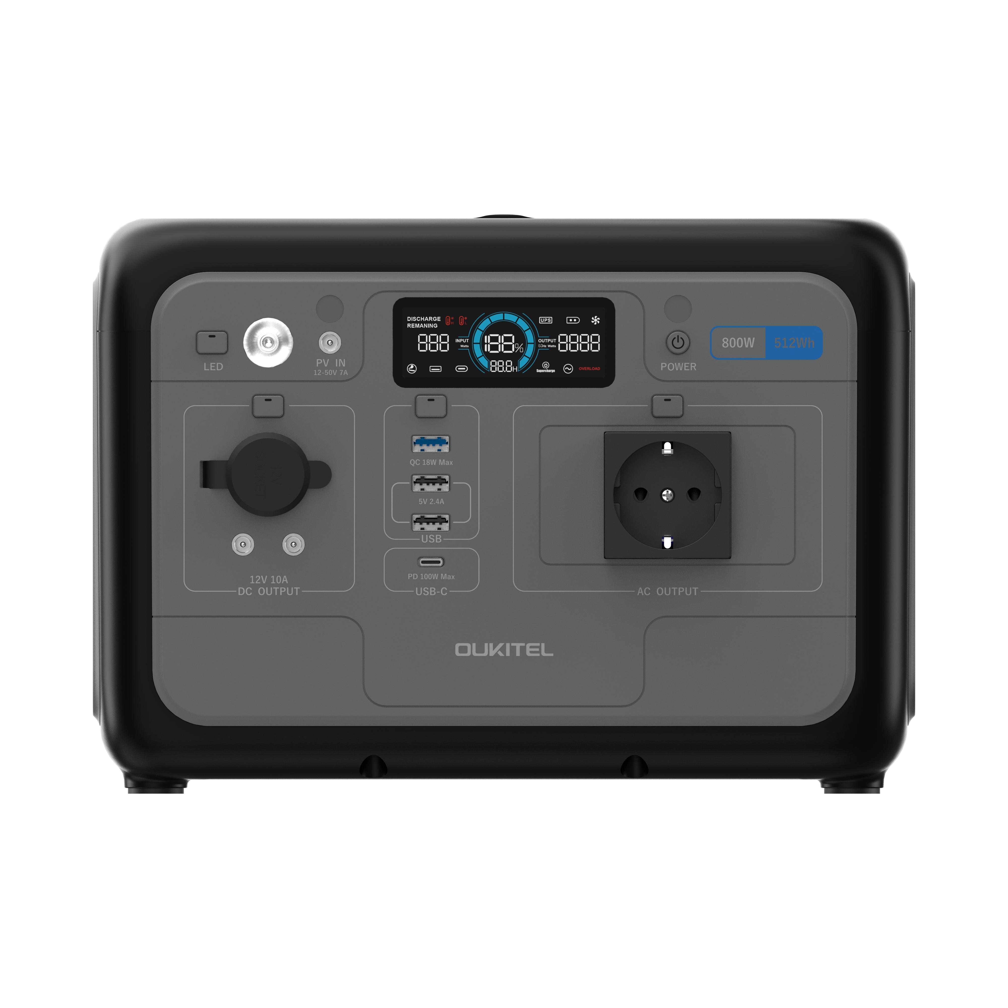OUKITEL P800 800W tragbare Powerstation, 512Wh LiFePO4-Akku, AC-Schnellladung, Solargenerator für Outdoor-Camping-Notfälle schwarz
