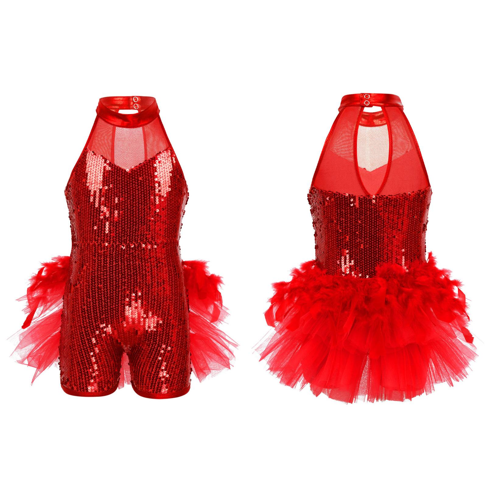 Mädchen Pailletten Jazz Latin Ballett Tanz Kostüm Trikot Overall Kinder Ärmellose Mock Neck Glänzende Tanz Kleid Kostüme 11-12 Years rot
