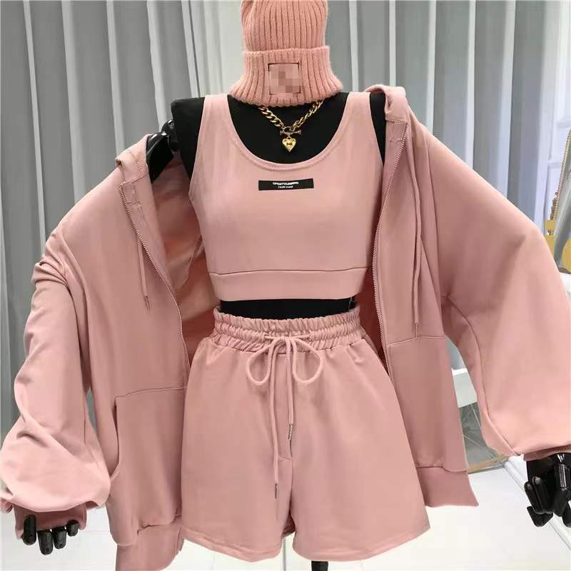 Damenmode, lässige Weste, Kordelzug, Shorts, Kapuze, Reißverschluss, Jacke, Sportbekleidung, 3-teiliges Set S rosa
