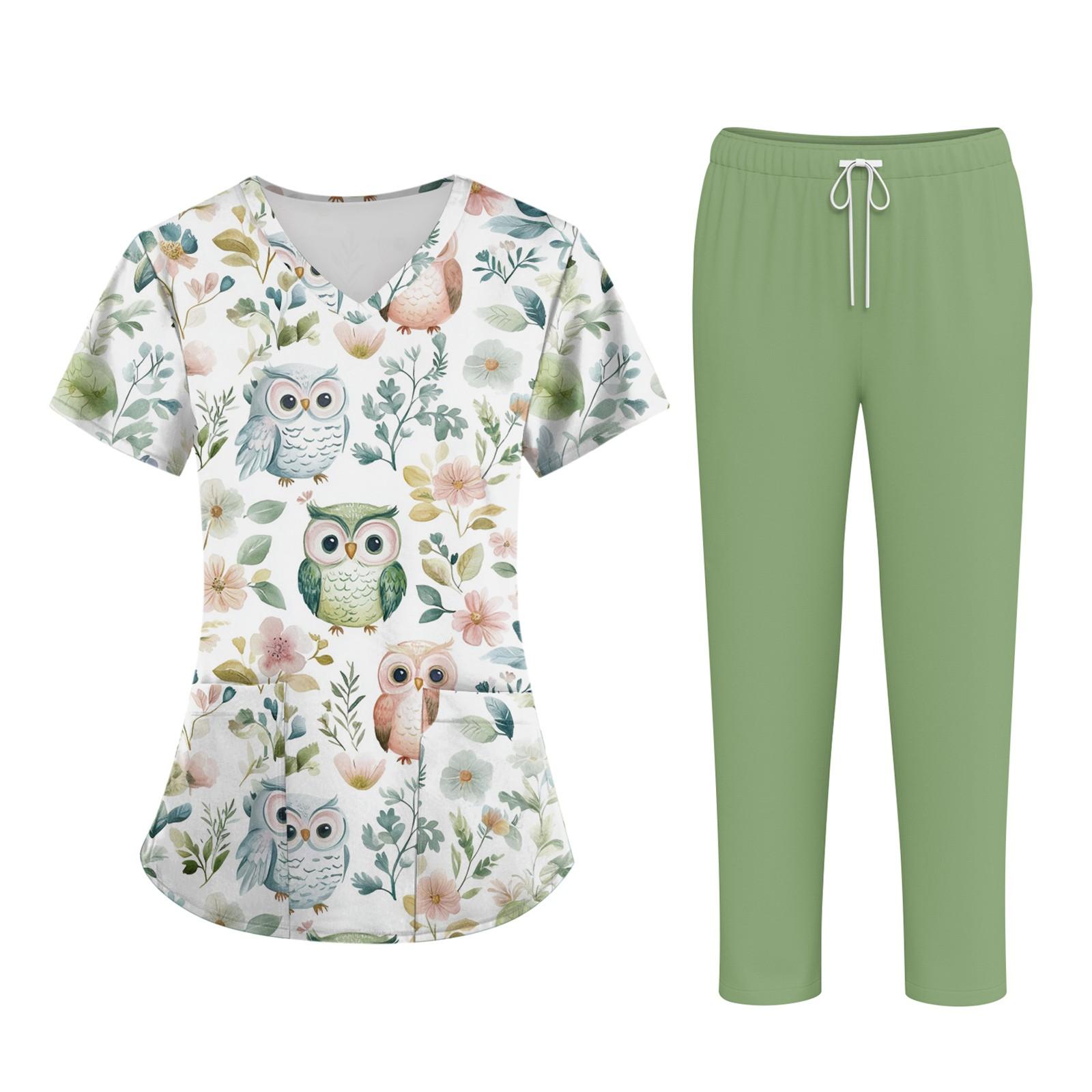 Damen Kurzarm Kasack und Hose Set mit Tier-Blumen-Print V-Ausschnitt Tasche Uniform für Krankenschwester Pfleger Arbeitskleidung Zweiteiliges Outfit XXXL grün