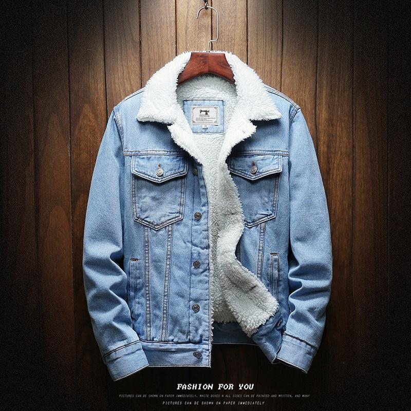 Jean Jacke Männer Dicke Streetwear Denim Bomber Jacken Mantel Männlich Vintage Blau Herren Outwear Plus Samt Einreiher Windschutz XXXXXL blau