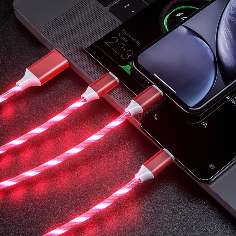 3 in 1 leuchtendes Ladekabel für Android Huawei XiaoMi iPhone Mode Licht Ladekabel 3A Schnellladung rot