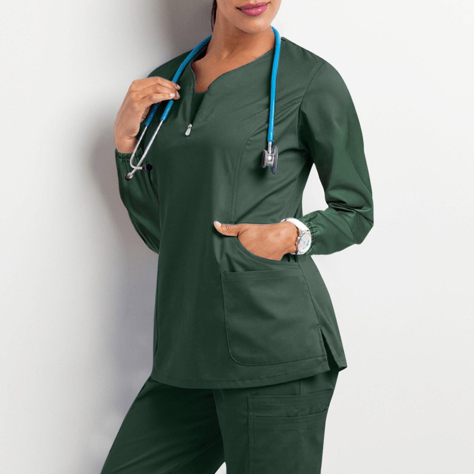 Damen Langarm-Kasack mit Reißverschluss am Ausschnitt, Stretch-Stoff, Zwei Taschen, Bequeme Arbeitskleidung für medizinisches Fachpersonal XXXL black