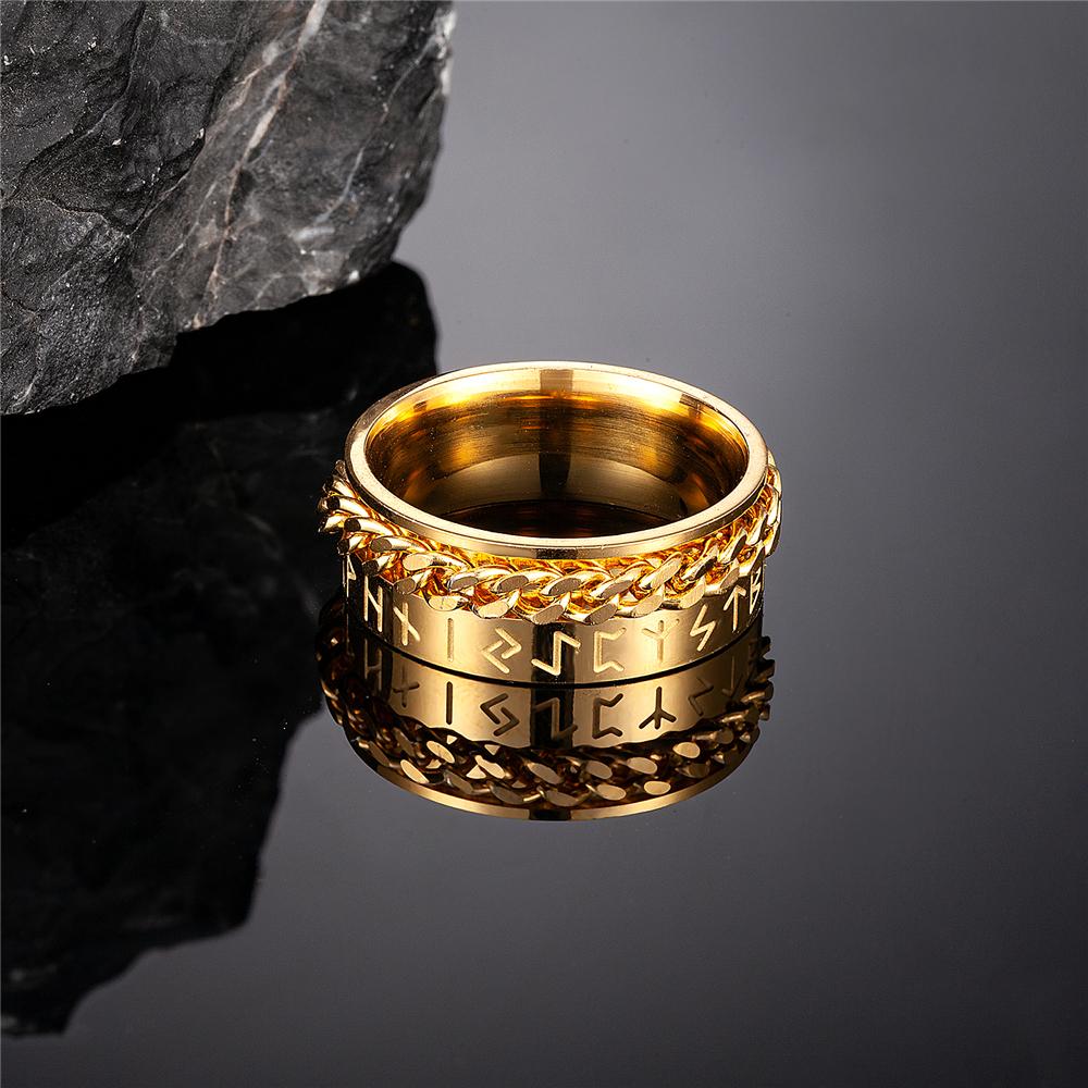 Punk Herren Wikinger Nordische Runen Ringe Damen Goldfarbe Schwarz Edelstahlkette Amulett Ring Vegvisir Skandinavischer Herrenschmuck 11 gray