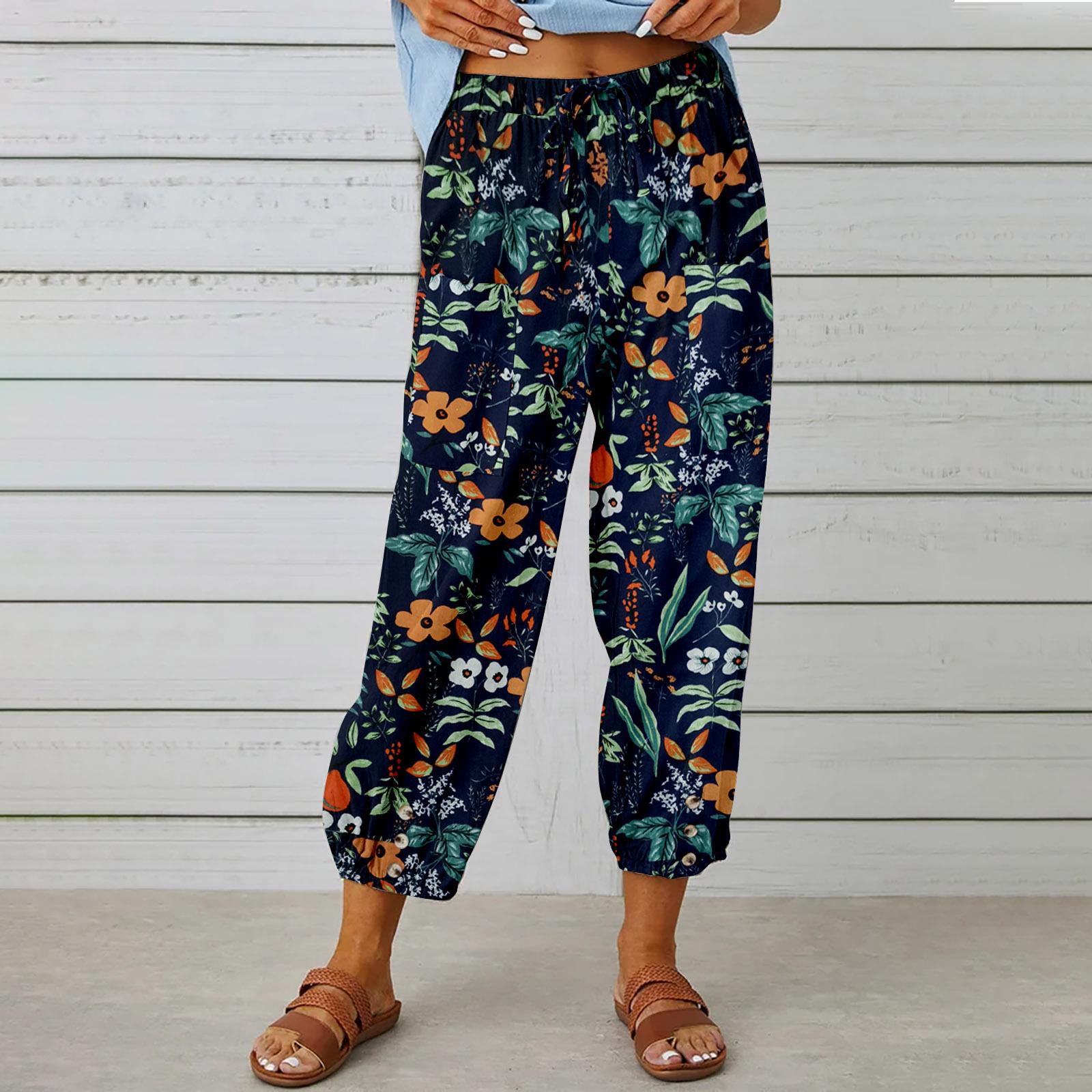 Sommer frauen Hosen Baumwolle Leinen Hohe Taille Kordelzug Neun-viertel Hosen Elastische Taille Bundle Fuß Mund Retro Druck hosen XXL