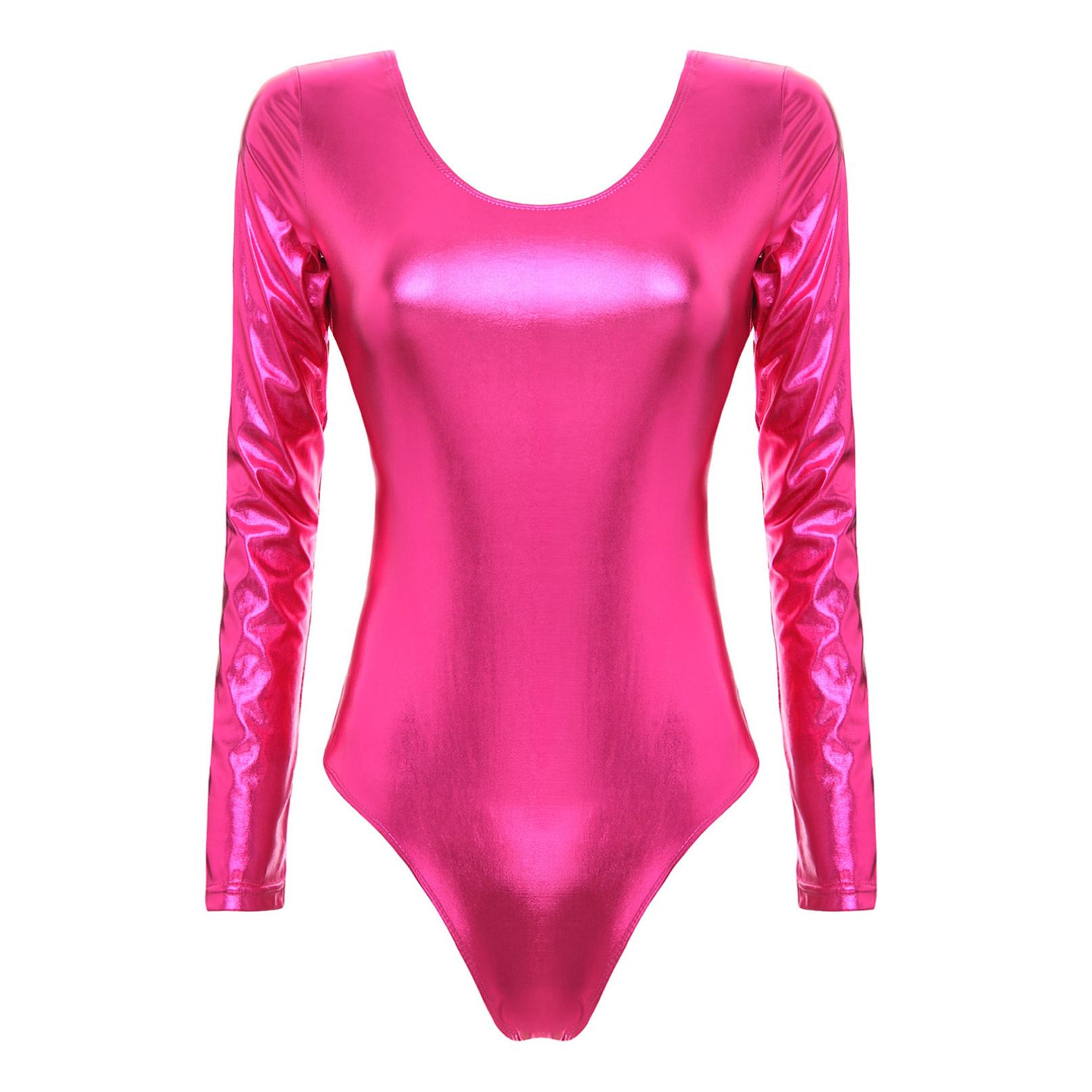 Frauen einteiliger Lackleder-Trikot mit langen Ärmeln, Gymnastik-Ballett-Tanz-Trikot S heißes rosa