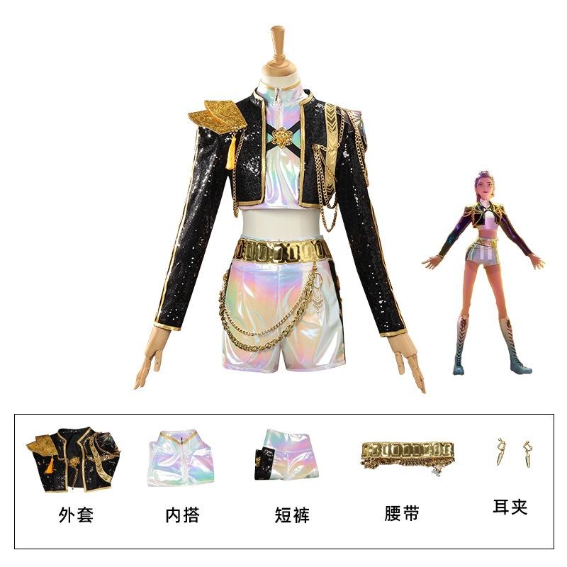 Anime KPop Rumi Cosplay Schwarz Gold Reflektierendes Performance-Kostüm Cosplay Lila Perücke Frau Weihnachten Halloween Party Uniform XXXL&Rumi