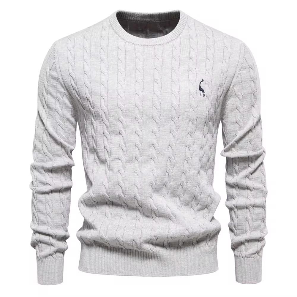AIOPESON Herren-Pullover mit Giraffenstickerei, Baumwollpullover, Rundhalsausschnitt, klassischer Twist-Muster-Pullover, Strickpullover für Männer XXL 95-105 kg licht grau