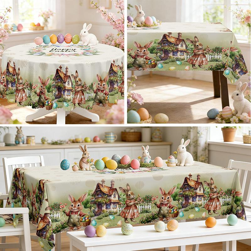 1 Stück Tischdecke mit Vintage-Muster, Wunderschöne Frühlings-Tischdecke mit süßem Hasen und goldenem Ei, Florale rechteckige Tischdecke, Dekorative Tischdecke, Küchenzubehör rect 140*180cm