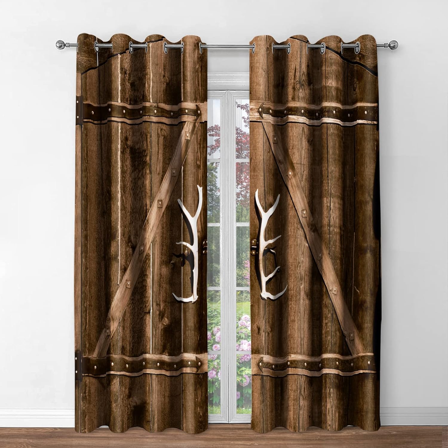 Moderne Vorhänge Scheune Holztür Bauernhof Babyzimmer Schlafzimmer Kreative Fenster Vorhänge Küche Wohnzimmer Terrasse Volant Vorhänge 100W130H(CM)40x51in&Grommet Top black