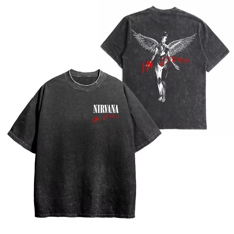 2026 Nirvana Rockband Unisex Retro Baumwolle Gewaschenes T-Shirt In Utero Album Herren Damen Oversized Y2K Used Look T-Shirt Lässig Locker Streetwear M navy blau