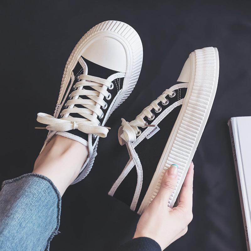 Zwei Tragen Weiße Schuhe Canvas-Schuhe Damen Frühling Neu Keks-Schuhe Dicke Grundplatte Schuhe 40 schwarz