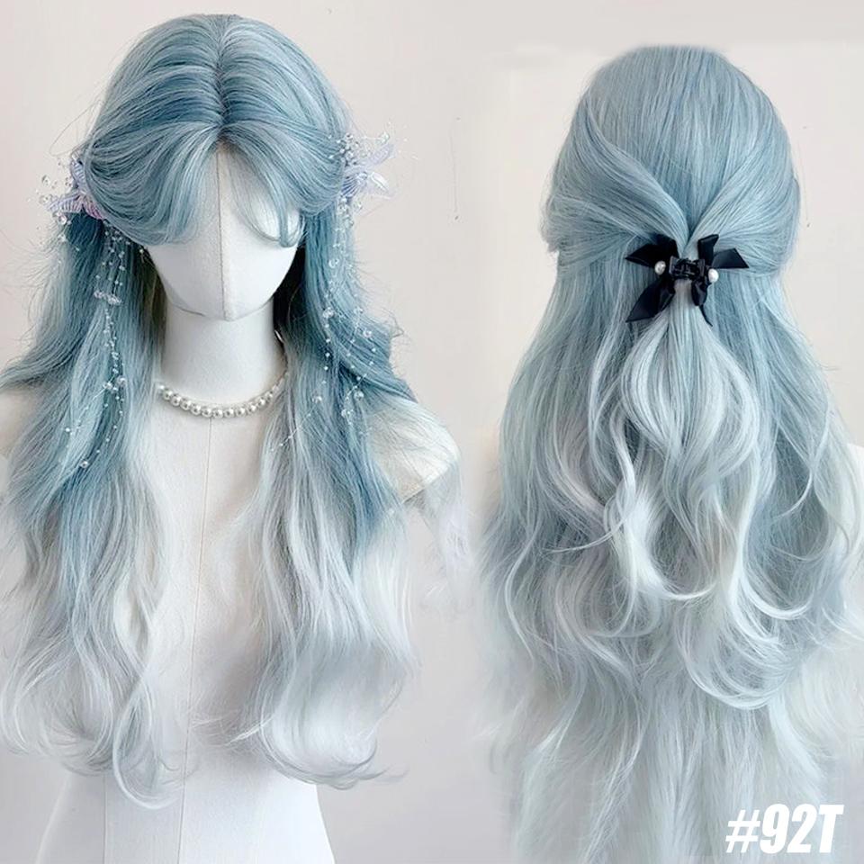 WTB Synthetische Perücke Weiblich Gletscherblau Farbverlauf Hellgrau Langes Haar Lolita Handgewebte Spitze Wolle Langes Lockiges Haar Cos Party Perücke 70CM