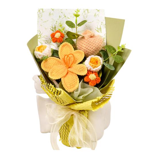 Gehäkelte künstliche Blumen Handgefertigter Strauß Gehäkelte Blumen mit realistischen grünen Kunstblättern Romantisches Valentinstagsgeschenk für sie gelb