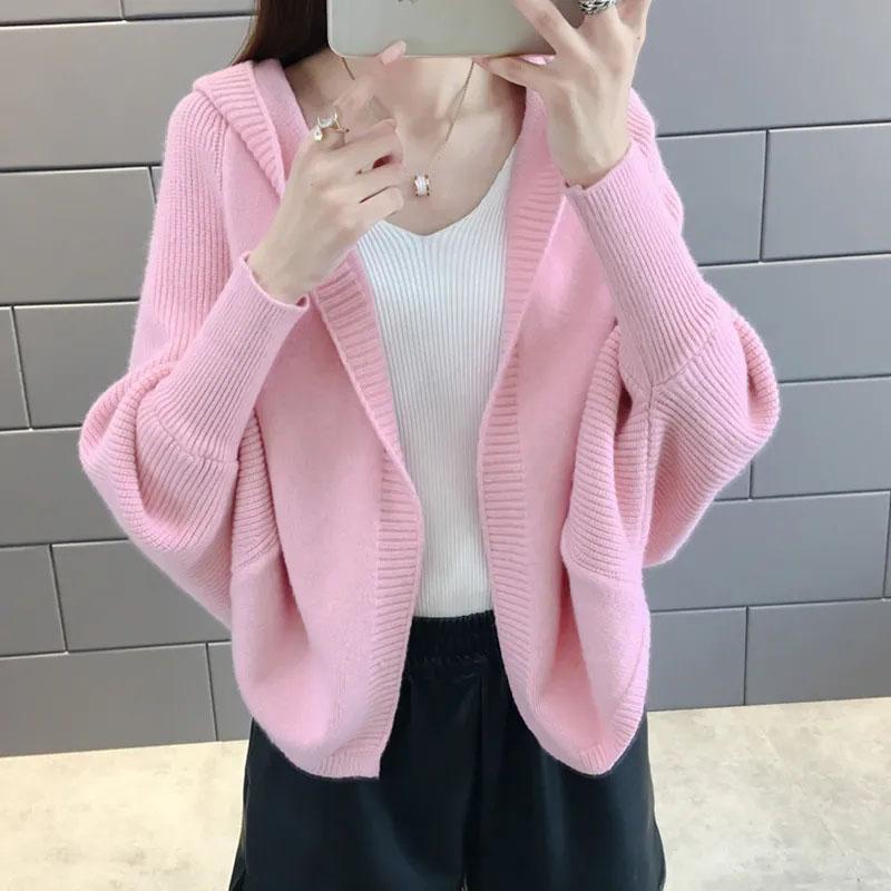 Kurzmantel Neue Damen-Strickjacke mit langen Ärmeln, lockerem Kapuzenpullover, Frühherbst- und Winter-Strickjacke, dicker, einfarbiger rosa Strickjacke M