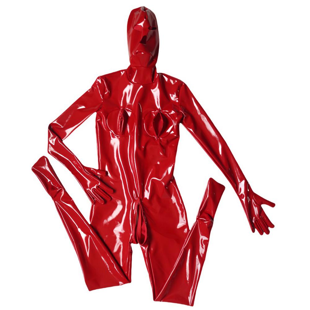 Sexy Cosplay Maid Ganzkörperanzug Latex Elastisch Sexy Eng PU Kunstleder Öl Glänzend Catsuit Bodycon Handschuh Ärmel Jumpsuit XL