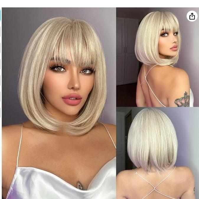 Hellblonde synthetische Perücken mit Pony, kurze gerade Bob-Perücke für Frauen, Cosplay, tägliches Naturhaar, hitzebeständige Faserperücke gold
