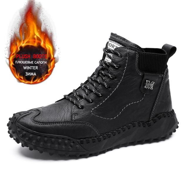 Klassische Winter-Herrenstiefel aus echtem Leder, Plüsch, warme Herren-Schneestiefel, wasserdicht, für den Außenbereich, römische Herren-Arbeitsstiefel, Herren-Motorradstiefel 45 schwarz