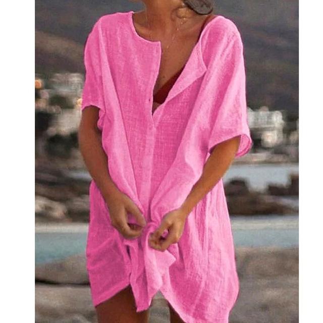 Sommer Damen Kurzarm Unifarben Knopfleiste Bluse Baumwolle Leinen Langarm Bluse Freizeithemd Vintage Damenhemd 8XL rosa