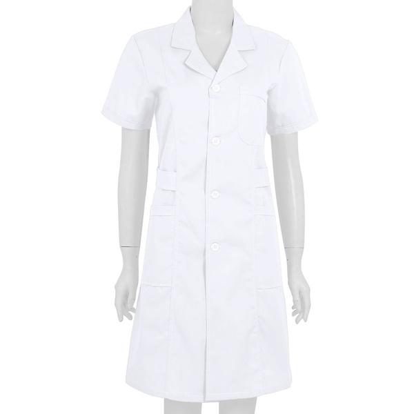 Frauen Erwachsene Einfarbig Kurzarm Hemd Kleid Krankenhaus Krankenschwester Peeling Mantel Uniform Kleid XXL weiß