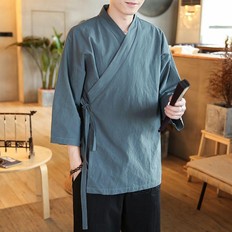 Solide Herren Kimono japanische Streetwear Männer Männer Japan Kleidung Hemd Bluse koreanische Kleidung Strickjacke XXXL grau-blau