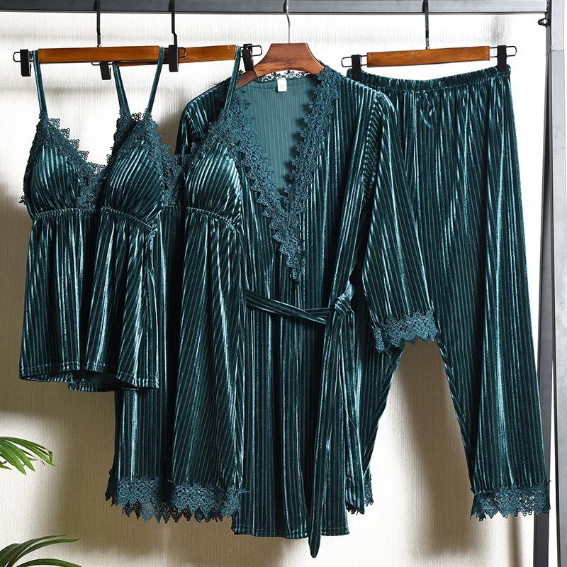 Bademantel mit Spitzenrand, Samt-Pyjama, 4-teiliges Pyjama-Set, lockere Samt-Hauskleidung, neue Herbst- und Winter-Pyjama-Hauskleidung für Damen 2XL