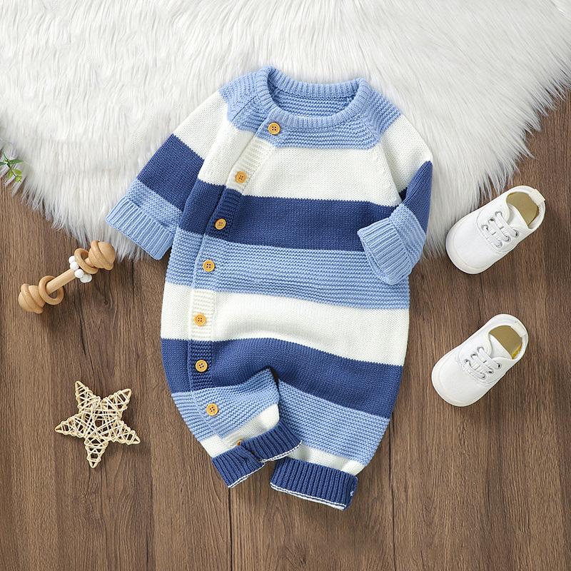 Winter Baby Strampler Kleidung Warm Strick Gestreiften Strampler Jungen Mädchen Overalls Herbst Ein Stück Herbst Infant Unisex Playsuits 3-6M blau