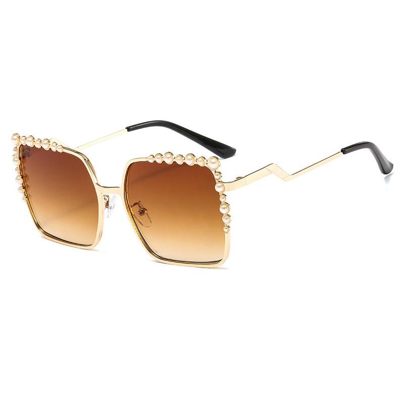 Übergroße Quadratische Sonnenbrille Damen 2023 Neue Luxus Perle Sonnenbrille Frauen Marke Designer Fashion Shades großen Platz Brown
