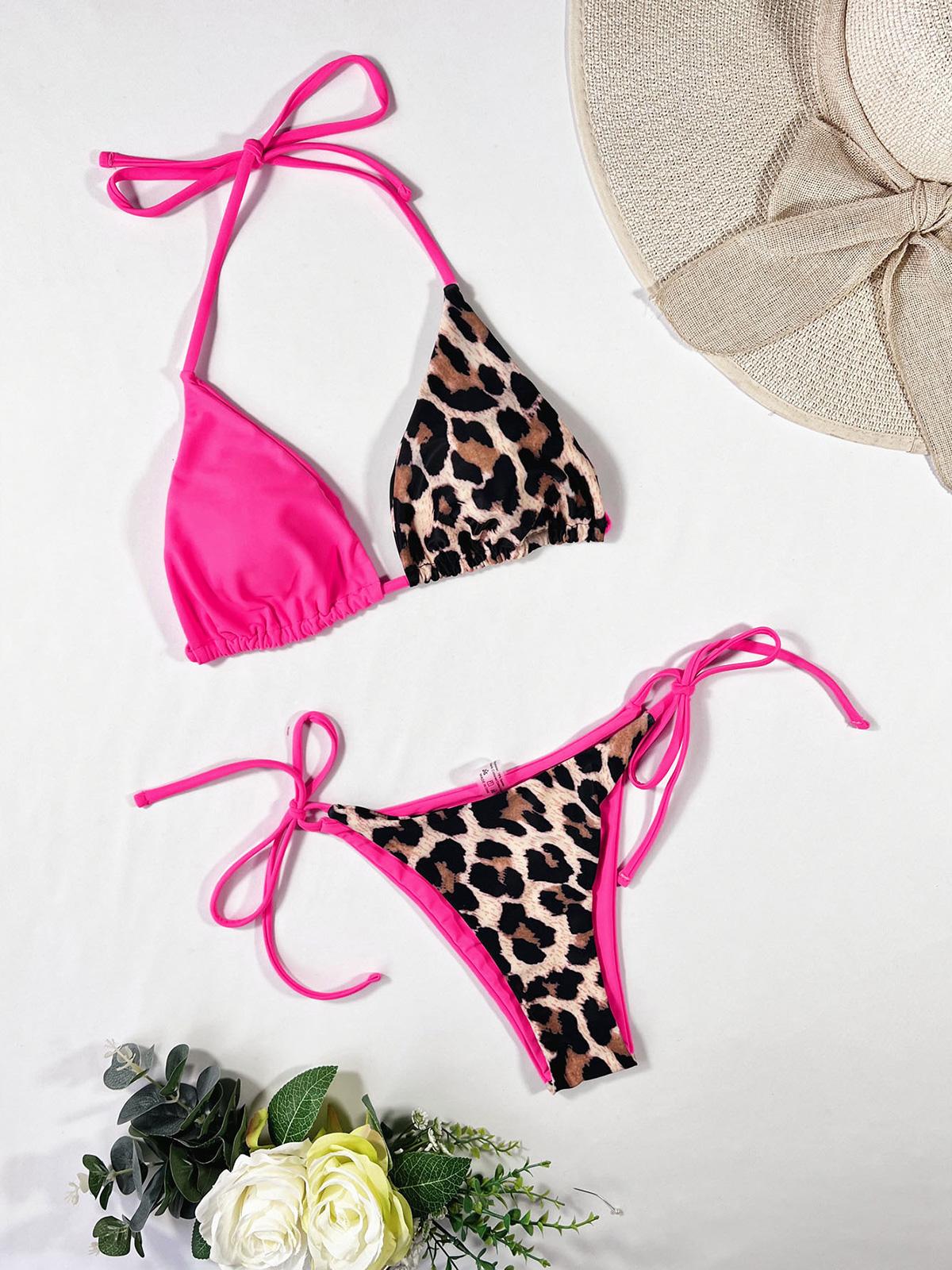 10 farben Spleißen Halter Leopard Bikini Weiblichen Badeanzug Frauen Bademode Zwei-stück Bikini set Badende Badeanzug Schwimmen Dame L heißes rosa/Leo-Print